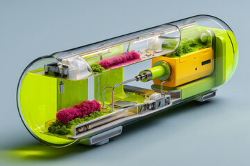 Futuristic pod cutaway showing integrated lab, garden and tech systems