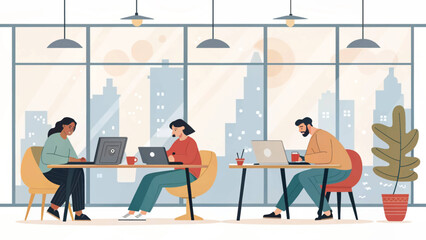 Diverse team working on laptops in modern office with city view. Ideal for website banners, brochures, or presentations.