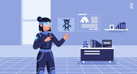 Obraz premium Futuristic augmented reality interface with woman interacting with virtual objects