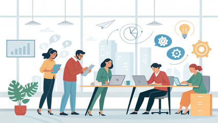 Diverse team collaborating in a modern office, perfect for illustrating teamwork and business success.