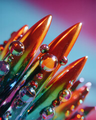 Metallic rainbow nails with water droplets in extreme close-up, creating futuristic nail art style full of light reflections