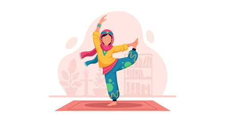 Woman practicing yoga at home, perfect for wellness websites or brochures.
