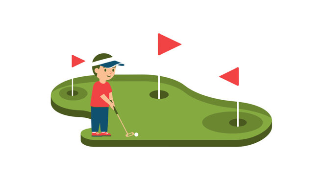 Enthusiastic Young Golfer Putting on Green Field in Summer Day