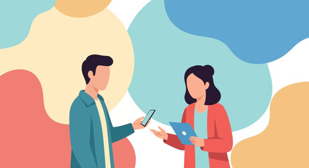 Two faceless individuals exchanging information using a smartphone and tablet, ideal for websites and presentations on communication or technology.