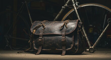Fototapeta premium Aged leather satchel near bikes