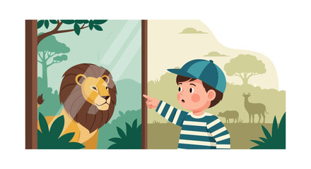 Excited Boy Watching Majestic Lion At Zoo Encountering Wildlife Adventure