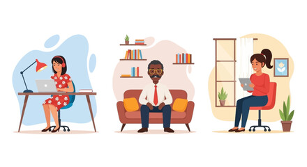 Diverse team working remotely from home offices. Illustration ideal for blogs, websites, and presentations about remote work, telecommuting, or work-life balance.