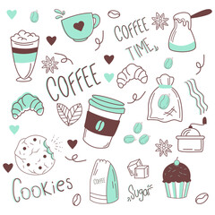 Doodle illustration with coffee, cookies and coffee beans. Paintings for interior design, for printing on clothing and more. Vector illustration