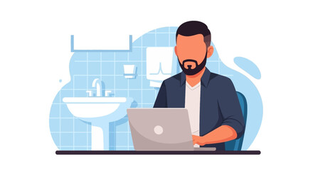 Man working on laptop in bathroom, perfect for remote work or freelance lifestyle articles.