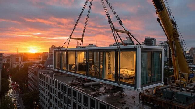 Large Crane Lifting a Prefabricated Modular Building Unit with Illuminated Interiors onto a Rooftop at Sunset