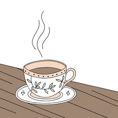 Hot tea cup with steam on wooden surface  