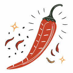 Red chili pepper in graphic style with spice details  