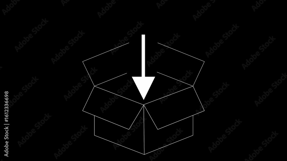 Poster white arrow pointing downward into open box on black background