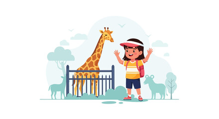 Happy Kid Waving To A Giraffe During A Field Trip To The Zoo
