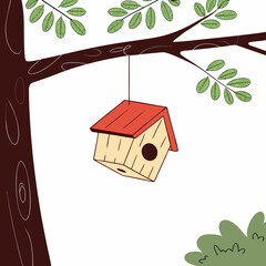 Wooden birdhouse hanging from a tree with green leaves  