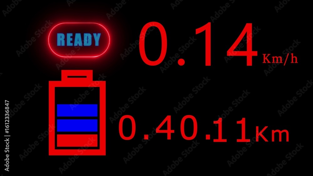 Poster digital display showing ready status speed battery level on black background