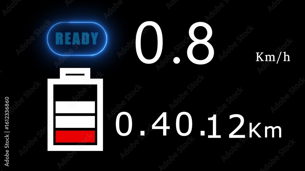 Poster electric vehicle dashboard display showing speed battery level and distance