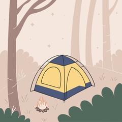 Camping tent near campfire in peaceful forest setting  