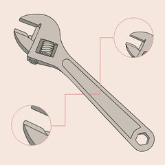 Adjustable wrench illustration with detailed view of components  