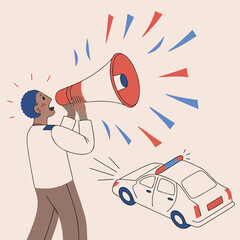 Man using megaphone to alert about emergency involving police car  