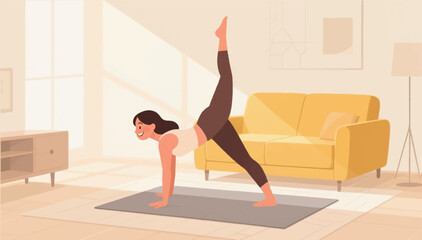 A flat illustration of a woman doing Pilates at home. Vector graphics. EPS.
