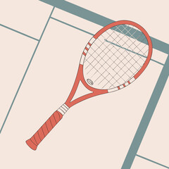 Tennis racket placed on court background in minimal design  