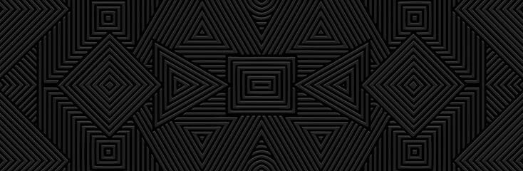 Banner, cover design, wallpaper, fresco. Ethnic abstract pattern on a black background. Geometric figures. 3D, embossing. Ornaments, arabesques, mandala of the East, Asia, India, Mexico, Aztecs, Peru.