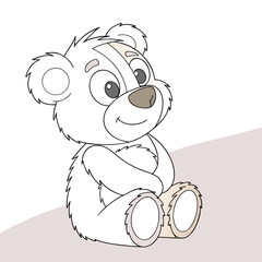Cute cartoon teddy bear sitting and smiling on light background  