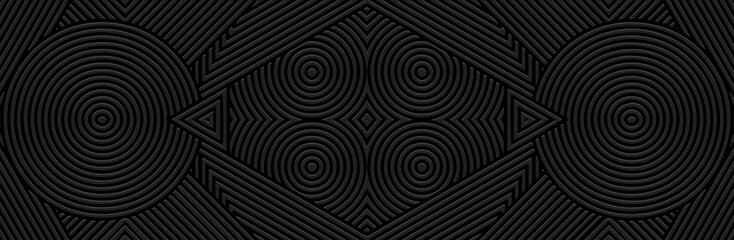 Banner, cover design, wallpaper, fresco. Ethnic decorative pattern on a black background. Geometric figures. 3D, embossing. Ornaments, arabesques, mandala of the East, Asia, India, Mexico, Aztecs.