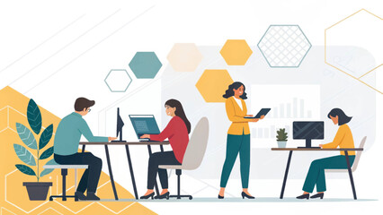 Modern team of diverse professionals working together in a stylish office. Ideal for illustrating teamwork, collaboration, and modern business concepts.