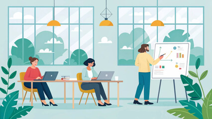 Modern office team collaborating on a project, ideal for business presentations and website banners.