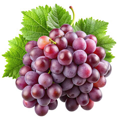 Fototapeta premium A ripe bunch of deep purple grapes with green leaves isolated on transparent background