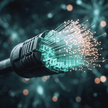 A glowing blue data packet travels through a fiber optic cable. An abstract visual for global networks, financial technology, and communication.