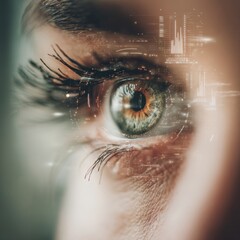 Biometric authentication with an eye scan for secure financial access. A close-up illustrating the seamless integration of technology and identity.