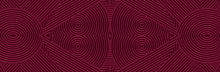 Banner, cover design, wallpaper, fresco. Ethnic linear pattern on a burgundy background, art deco. Geometric shapes. 3D, embossing. Ornaments, arabesques, mandala of the East, Asia, India, Mexico.