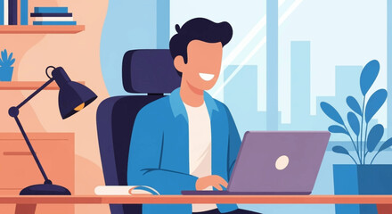 Happy man working on laptop in modern office, ideal for website banners or productivity blogs.