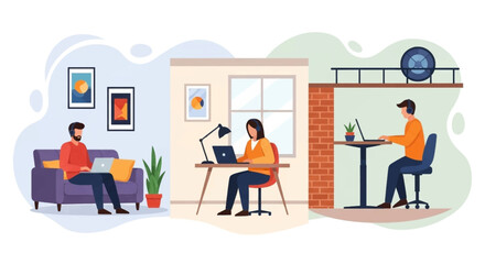 Remote Work Team Collaboration: Illustration of three people working remotely from different locations, ideal for articles about remote work, teamwork, or flexible work arrangements.
