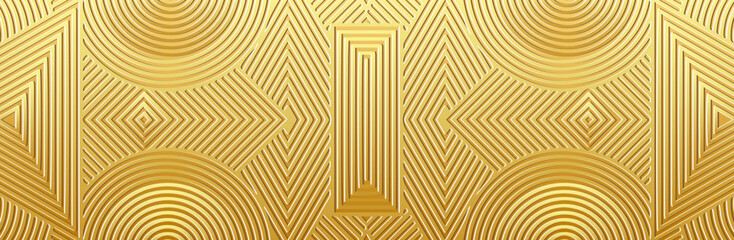 Banner, cover design, wallpaper, fresco. Ethnic linear gold pattern on a gold background. Geometric shapes. 3D, embossing. Ornaments, arabesques, mandala of the East, Asia, India, Mexico, Aztecs, Peru