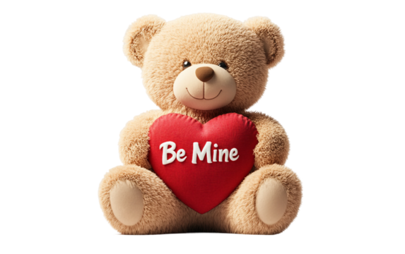 Cute teddy bear cuddling a red heart shaped pillow with embroidered love message isolated on transparent background PNG