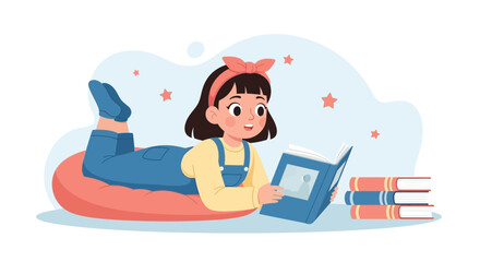 Obraz premium Happy Little Girl Reads Story Book Laying on Comfortable Floor Pillow