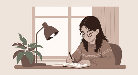 Girl In Sweater Writing In Journal Under Lamp Near Window Illustration