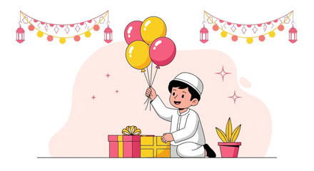 Happy Little Muslim Boy Celebration Balloons And Gifts Cartoon Illustration
