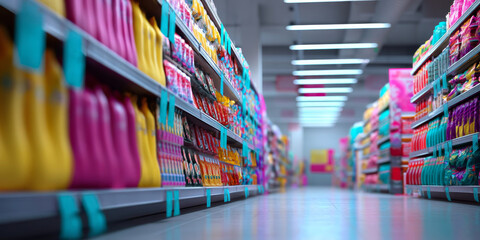 Eye-level perspective of a well-lit grocery store aisle packed with vibrant colorful packaged goods