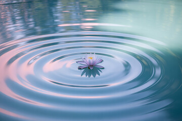 A single purple water lily floats at the center of concentric ripples on tranquil, reflective water