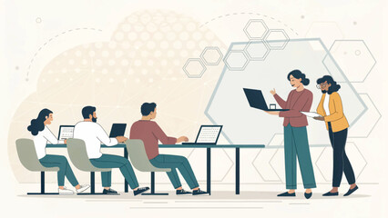 Diverse team of professionals collaborating on a project, perfect for illustrating teamwork and innovation in a tech company.