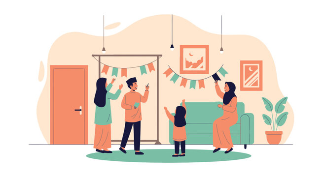 Happy Muslim Family Decorating Home for Eid Celebration Together Illustration