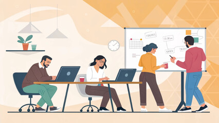 Teamwork in a modern office setting, perfect for illustrating collaboration, brainstorming, and project management. Ideal for websites, presentations, and marketing materials.