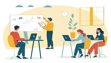 Fototapeta premium Diverse team collaborating in a modern office, perfect for website landing pages or business brochures.