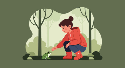 Girl Reaching Out Towards Green Frog, Forest Scenery, Adventure In Nature