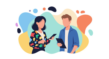 Obraz premium Two colleagues collaborating, using phone and tablet - perfect for a teamwork or communication landing page.
